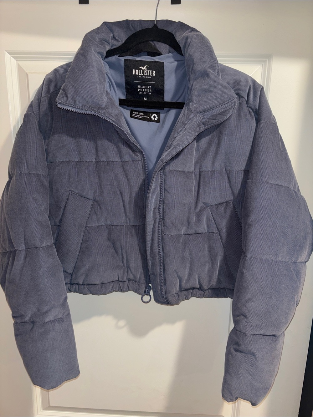 Hollister Cropped Corduroy Puffer Jacket in Dusty Blue-Gray